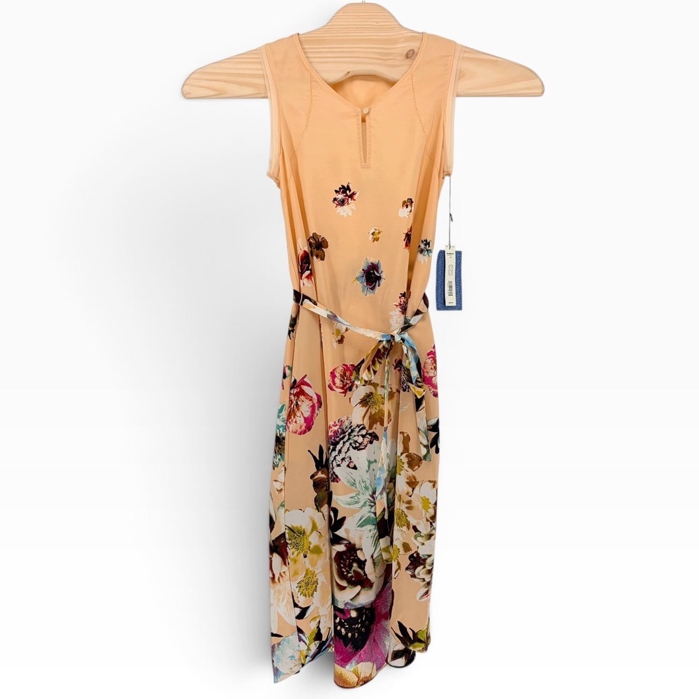Simply Vera Vera Wang Hi-Low Midi Dress XS Peach Floral Sleeveless Belted NWT